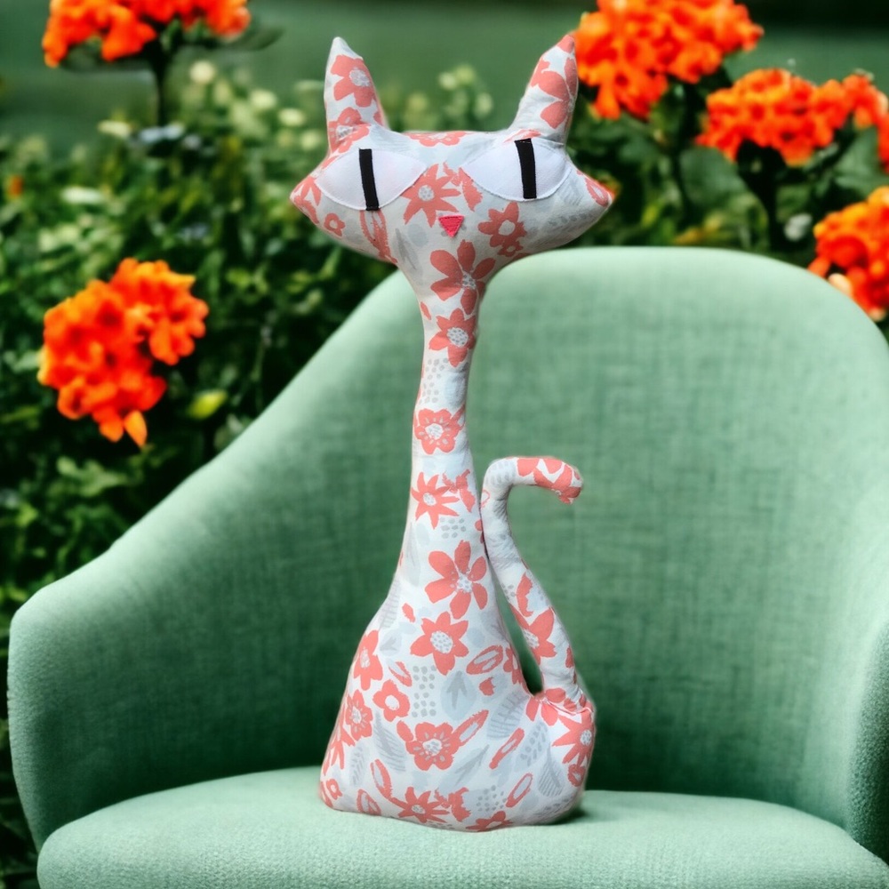 White w Peach Floral Kooky Kat, Mid Century Modern Cat Pillow Decor Plush Retro